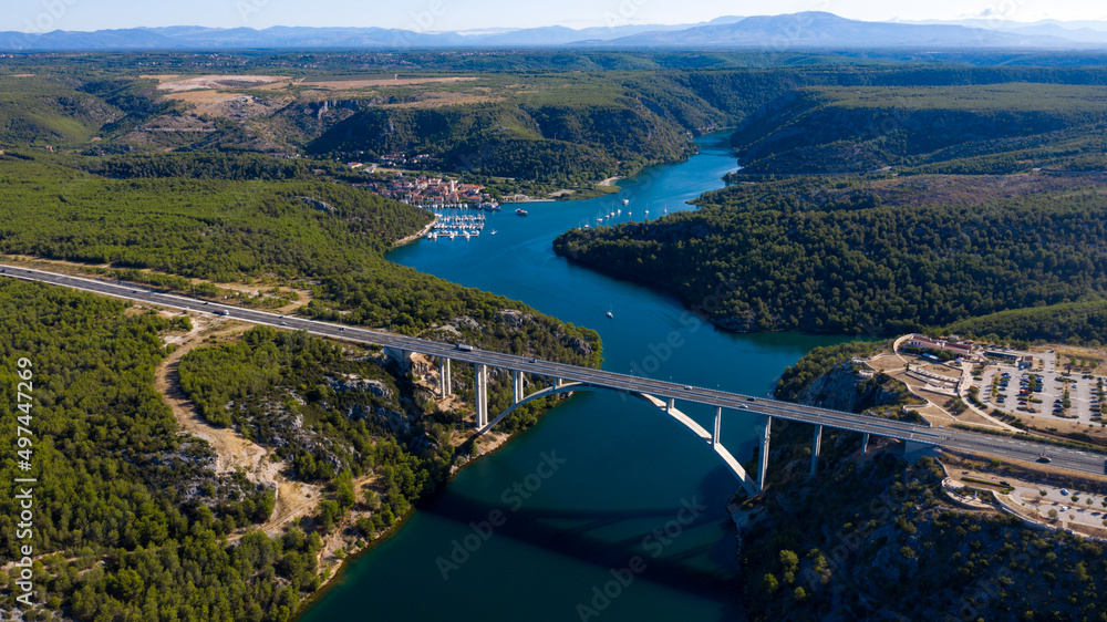 Aerial View of Bridge Over River Krka, Skradin, Croatia