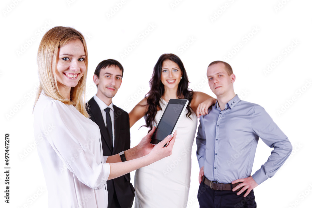 A working group of girls and guys discuss a business project A working group of girls and guys discuss a business project