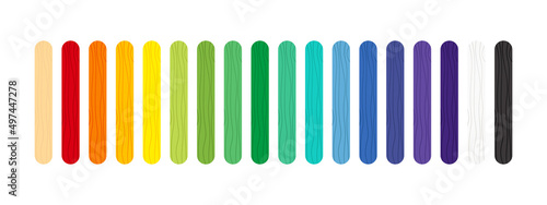 Color popsicle stick for lolly or ice cream, math counting, tongue depressor. Stick for kids activity, color matching, game, ice cream lollipop with wooden texture. Flat cartoon vector illustration.