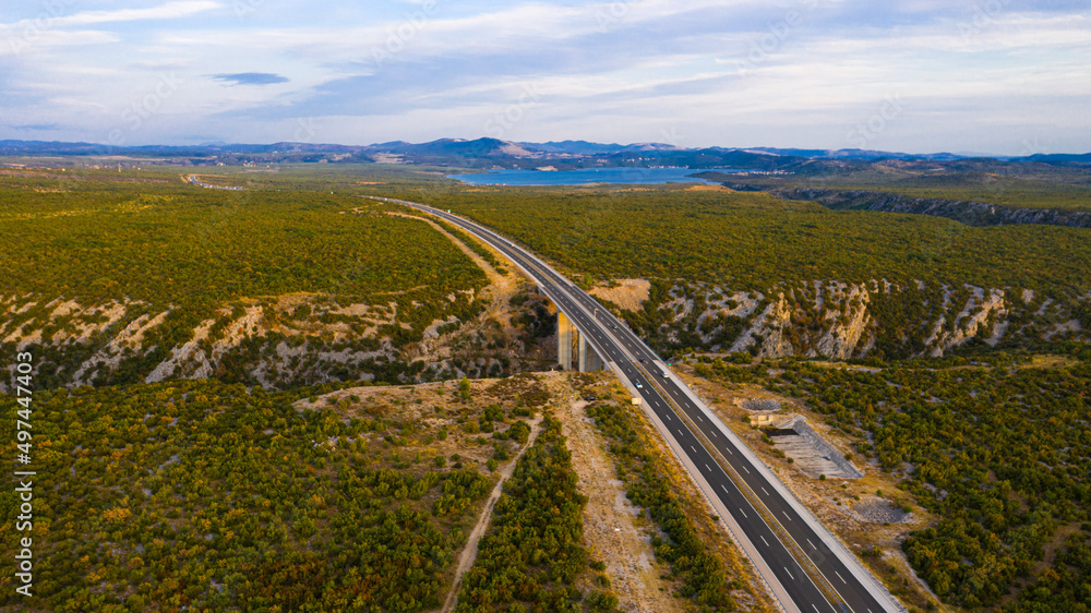 Aerial View over Highway and Gaspipeline, Prokljan, Croatia