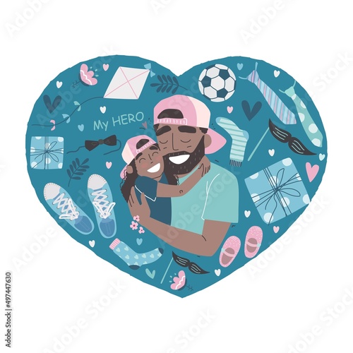 Father and daughter together. Black african american daughter hugs dad and smiling. Fathers day vector illustration set in modern style. Happy Fathers Day greeting card