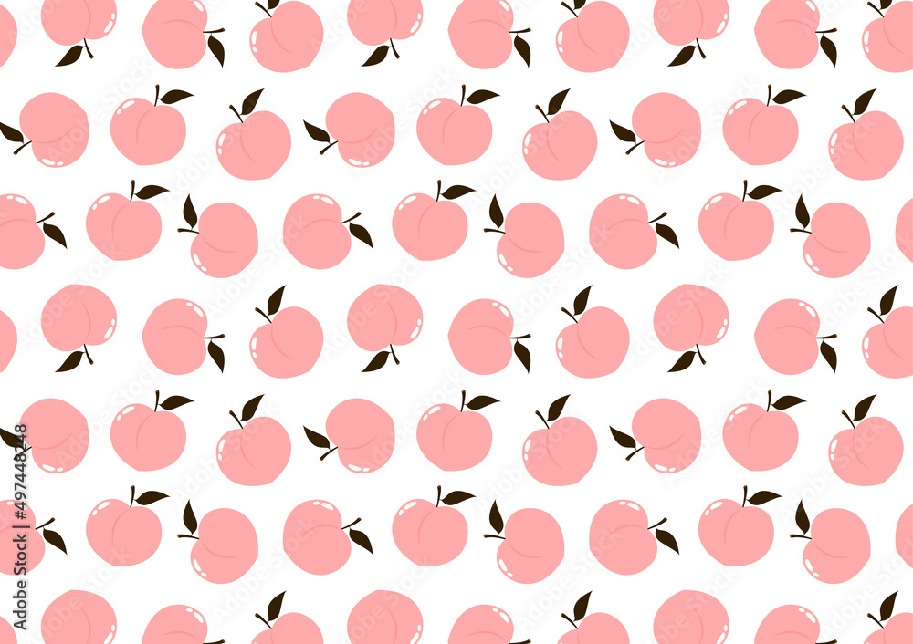 Peach pattern wallpaper. Doodle peach with leaves icon. Peach fruit in shape of heart isolated on white background. Farm, natural food, fresh fruits,