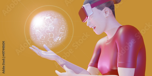 hologram globe woman wearing vr glasses virtual reality navigation technology travel planning world map 3d illustration