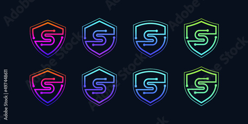 Letter S logotype with Line Dots and Cyber Shield Security Logo Digital Technology Business Company