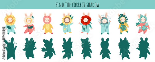 Find the correct shadow. Cute rabbit with flowers. Educational game with fun character. Logic game for Kid. Cartoon cute illustration on white background.