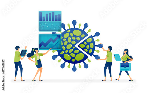 Vector illustration of analysis and planning of covid-19 pandemic data for health and economic handling of virus spread and transmission. Can be used to business card, apps banner, brochure, flyer ads
