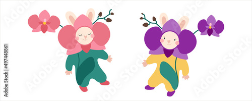 Rabbits in orchid costume. Cute bunnies with flowers. Illustration for baby fabrics, wallpaper, cards, poster and invitations isolated on white background.
