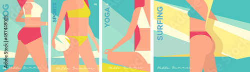 Girls in swimsuits on the beach. Jogging, activity, yoga, surfing. Set of vector illustrations. Beautiful summer beach. Holiday card. Summer vacation.