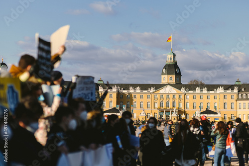 political demonstration with posters in Europe in support of Ukraine