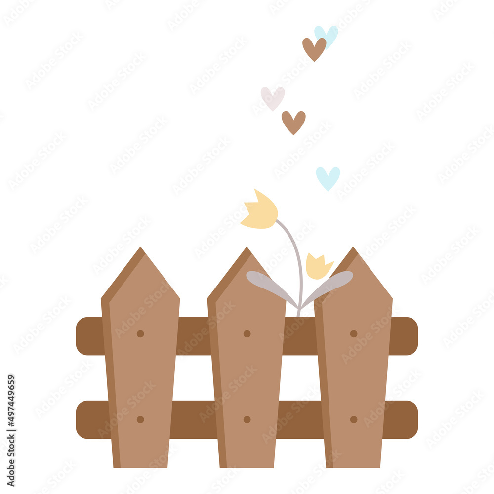 Farm wooden fence, simple flowers and hearts. Spring baby clipart, vector simple illustration. Pastel colors, brown, blue, yellow, grey, mother's day, farm, easter, spring day, garden. Farm wooden fence, simple flowers and hearts. Spring baby clipart, vector simple illustration. Pastel colors, brown, blue, yellow, grey, mother's day, farm, easter, spring day, garden.