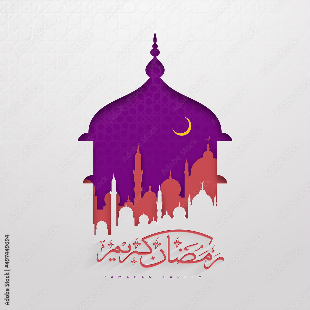 Arabic Calligraphy Of Ramadan Kareem With Paper Cut Mosque, Crescent Moon On Islamic Pattern Background.