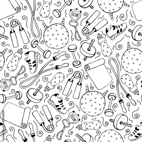 Sports equipment seamless vector pattern. Hand drawn illustration isolated on white background. Gym tools - dumbbell, yoga mat, skipping rope. Healthy lifestyle, monochrome sketch