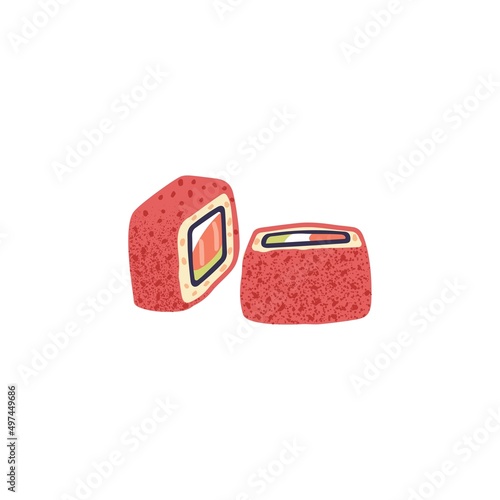 Sushi rolls, maki with rice, fish wrapped in nori and red caviar. Japanese sea food with salmon, cheese, avocado filling. Asian seafood. Flat vector illustration isolated on white background