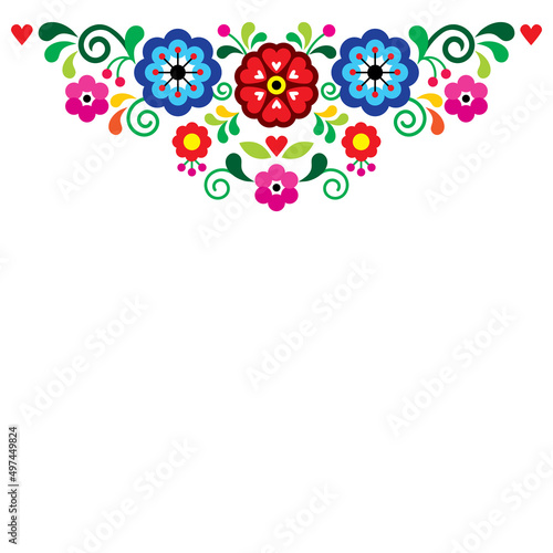 Mexican traditional embroidery style vector greeting card or wedding invitation design, retro top pattern set with flowers leaves and hearts
 
