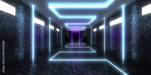 3D abstract background with neon lights. neon tunnel .space construction . .3d illustration
