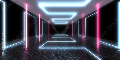 3D abstract background with neon lights. neon tunnel  .space construction . .3d illustration