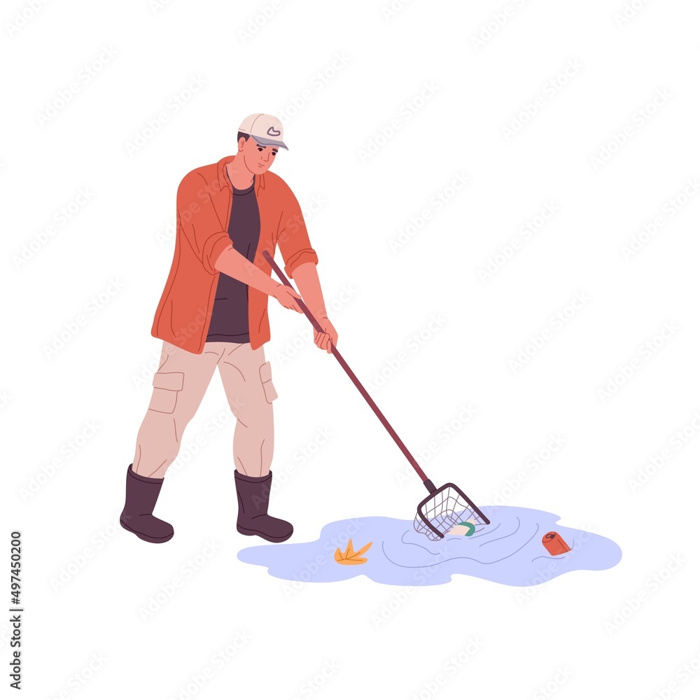 Person picking litter from puddle with net tool. Janitor cleaning street from trash, plastic bottles, cans. Eco volunteer collecting garbage. Flat vector illustration isolated on white background Person picking litter from puddle with net tool. Janitor cleaning street from trash, plastic bottles, cans. Eco volunteer collecting garbage. Flat vector illustration isolated on white background