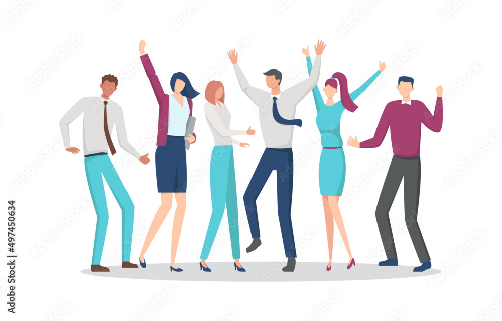 Happy business team people jumping, having fun, celebrating success. Office work. The concept of achieving the goal. Flat vector illustration. - obrazy, fototapety, plakaty 