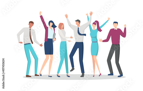 Happy business team people jumping, having fun, celebrating success. Office work. The concept of achieving the goal. Flat vector illustration.