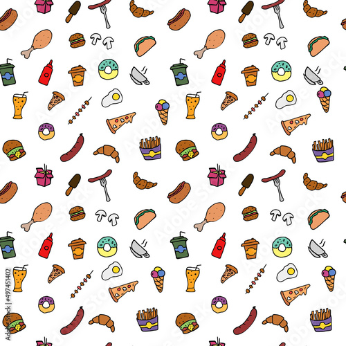 hand drown vector pattern with fast food icons. Doodle fast food icons. seamless pattern with food icons. Fast food set icons, fastfood background.  food icons on white background