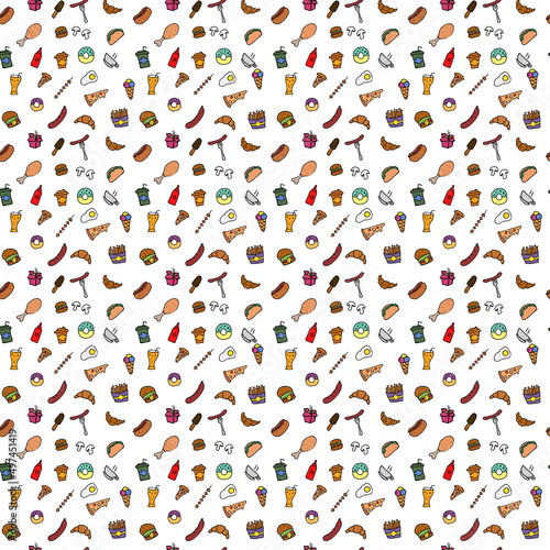 hand drown vector pattern with fast food icons. Doodle fast food icons. seamless pattern with food icons. Fast food set icons, fastfood background.  food icons on white background
