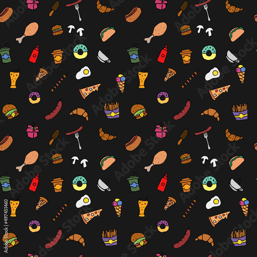 seamless pattern with fast food icons. Doodle fast food icons. Fast food set icons, fastfood background.  food icons on black background. hand drown vector pattern with fast food icons