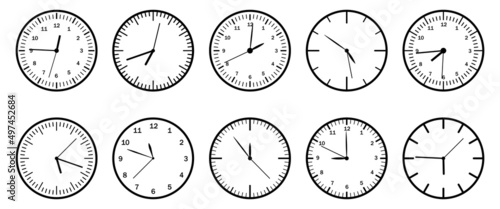 Set of hours different formy on white background. Vector illustration of time, stopwatch, clock in flat style.