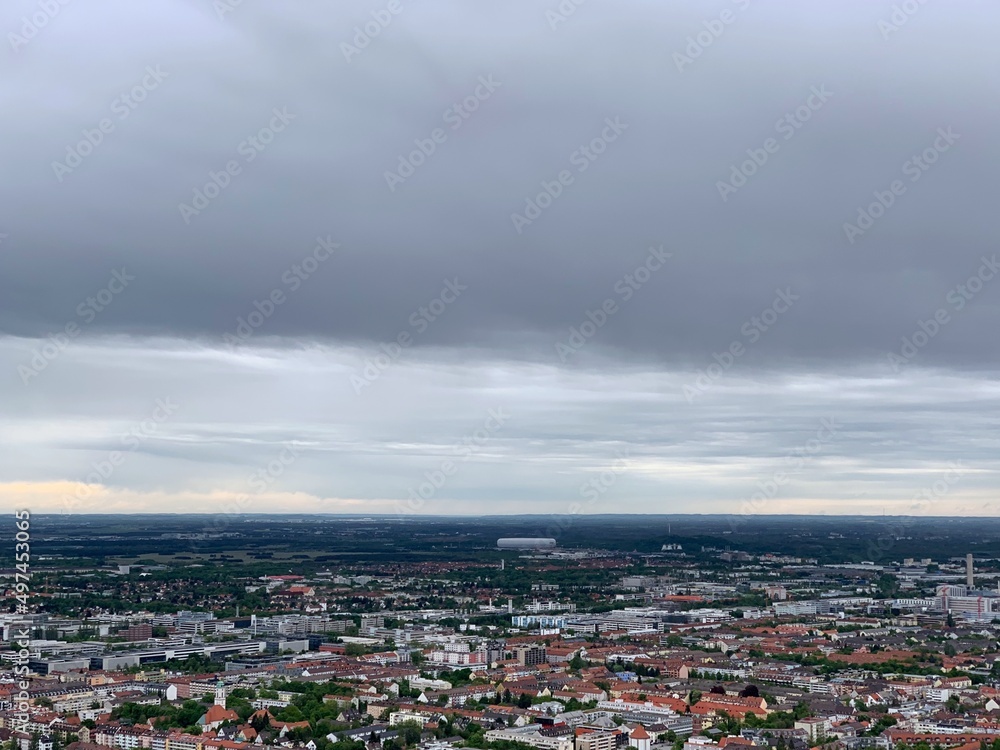 Aerial view looking over Munich Germany with buildings and landmarks. 