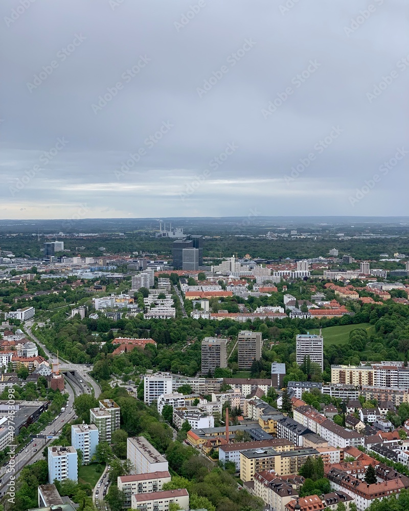 Aerial view looking over Munich Germany with buildings and landmarks. Aerial view looking over Munich Germany with buildings and landmarks.