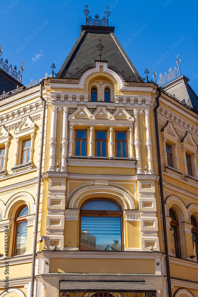 Moscow, Russia, April 6, 2022. Typical historical architectural in downtown, Kuznetsky most street, facade fragment