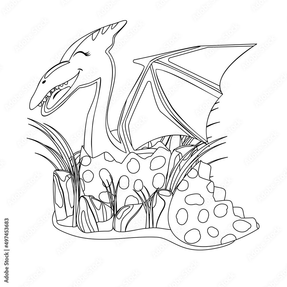 Cute cartoon baby pterodactyl coloring page. Dinosaur egg and newborn