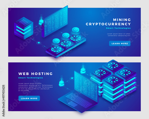 Mining cryptocurrency and web hosting concept banner template.