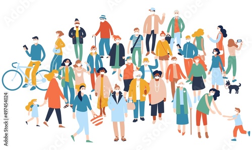 Coronavirus epidemic protection concept with crowd of people, quarantine of modern society.