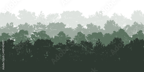 Deciduous forest background, nature, beautiful landscape. Silhouettes of different tree with foliage. Vector illustration