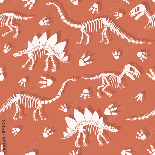 Seamless vector pattern with dinosaur skeleton. 