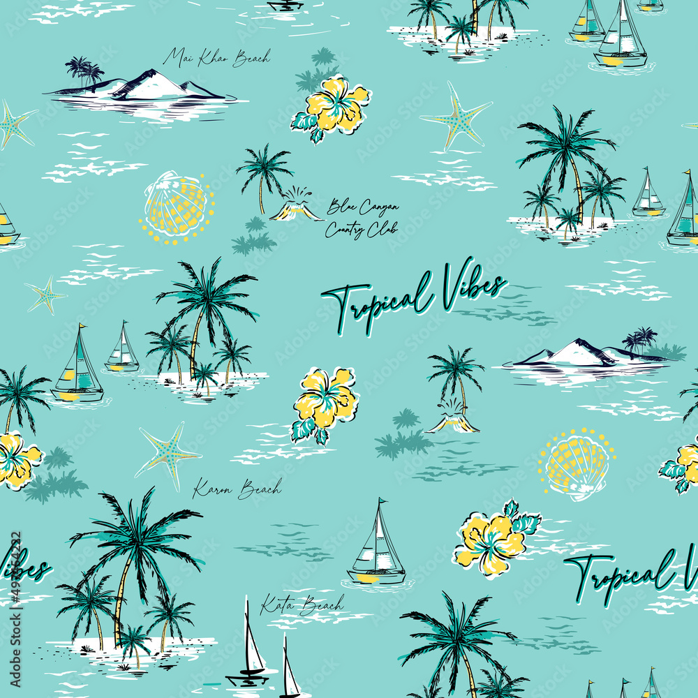Tropical Summer Island in Phuket Thailand seamless pattern vector Illustration ,Design for fashion , fabric, textile, wallpaper, cover, web , wrapping