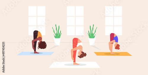 Group of women in padahastasana pose practicing yoga. Vector illustration for yoga, meditation, relaxation, rest, healthy lifestyle.