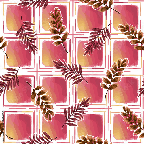 Modern botanical leaves on pink and orange tone watercolour seamless pattern vector illustration ,Design for fashion , fabric, textile, wallpaper, cover, web