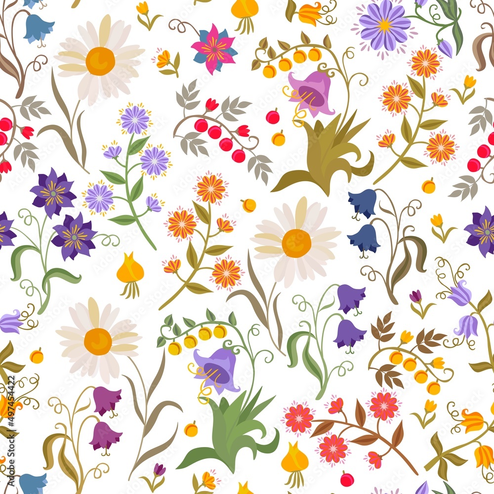 Cheerful summer floral ornament in retro style with bluebells, daisies, leaves, swirls, berries, bulbs, isolated on white background in vector. Seamless fabulous print for fabric, wallpaper.