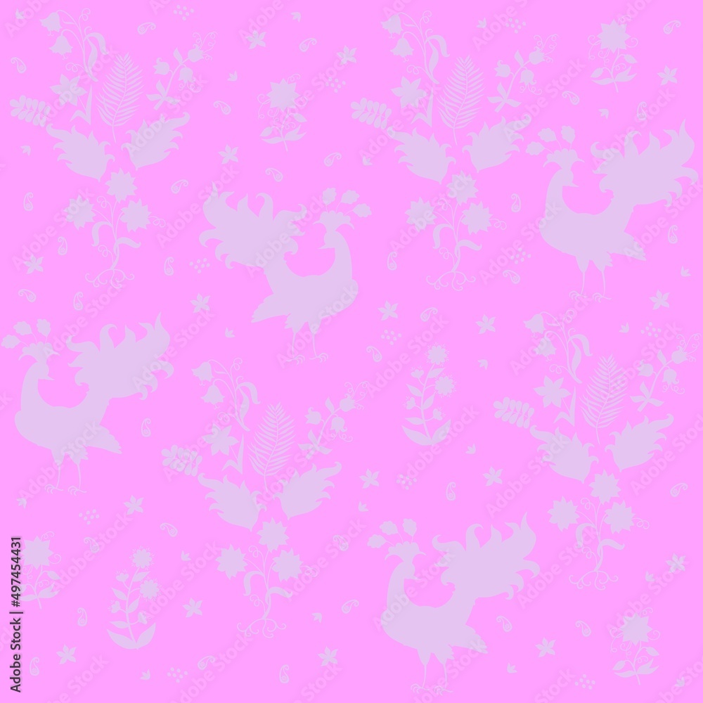 Fototapeta premium Romantic seamless print for fabric with lavender silhouettes of fabulous peacocks and bouquets of flowers on a beautiful pink background in vector.