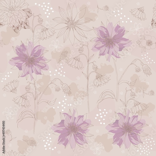 Romantic floral print with Jerusalem artichoke, dahlia, cinquefoil, drawn by outline on a coffee-with-milk color background. Elegant wallpaper, seamless fabric pattern. Natural ornament in vector.