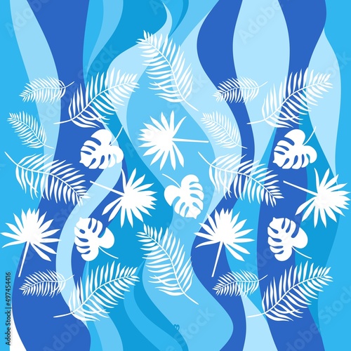 Spectacular tropical pattern. White silhouettes of palm leaves against blue waves. Seamless vector print for fabrics, wallpapers.