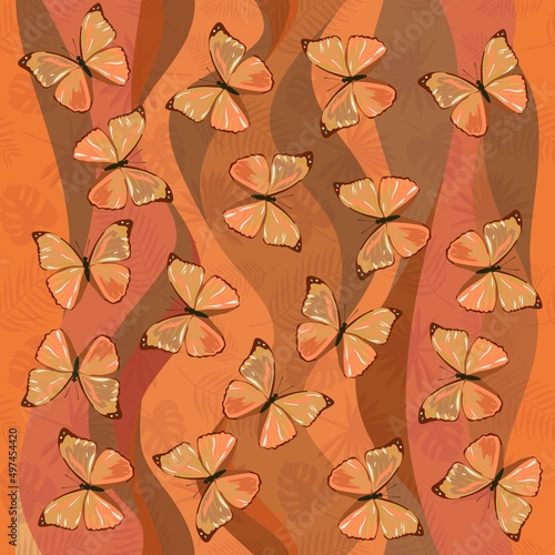 Seamless romantic exotic fabric print with butterflies on a flowy background with silhouettes of palm leaves in brown tones in vector.