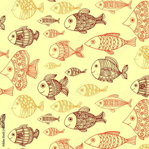 Seamless boho flat pattern with doodle brown fishes on beige background. Underwater lagoon world. Vector child texture for fabrics, wallpapers and your creativity