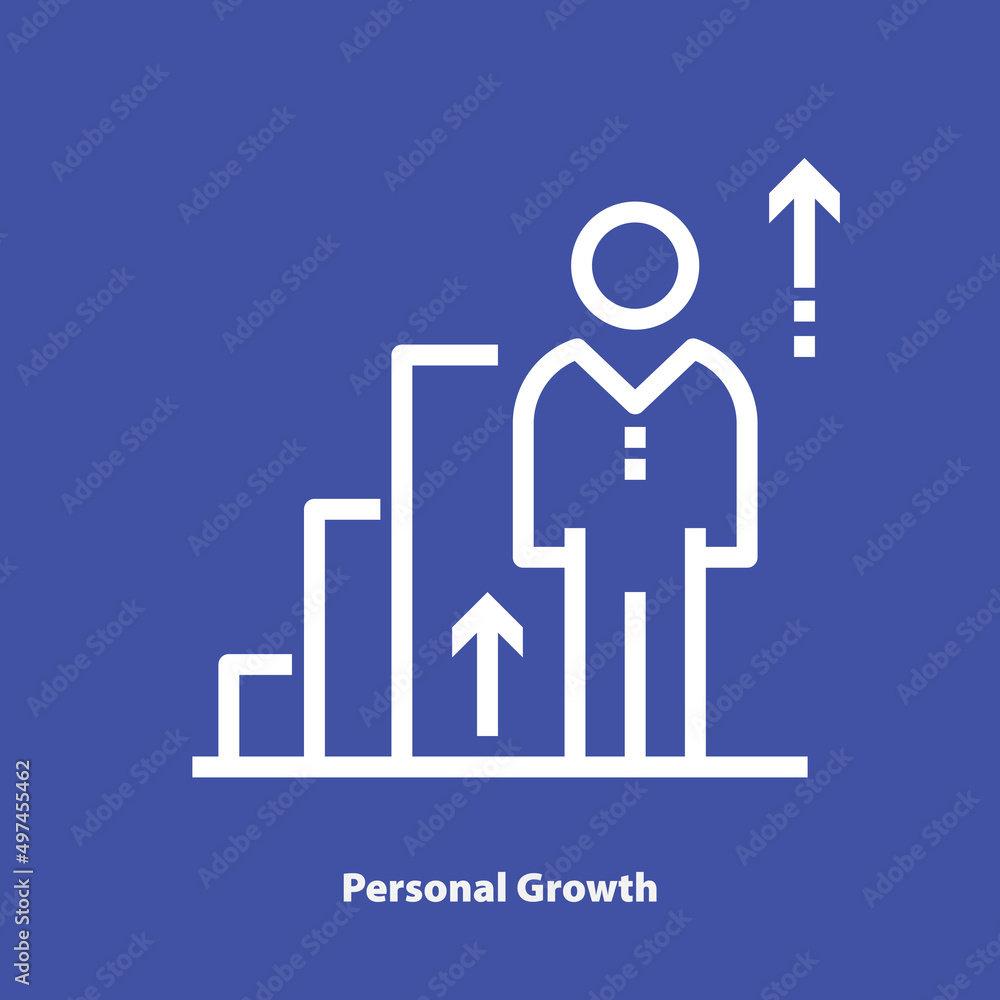 Personal growth white linear vector icon on purple background. Isolated shape of person in front of graphic. Personal growth white linear vector icon on purple background. Isolated shape of person in front of graphic.