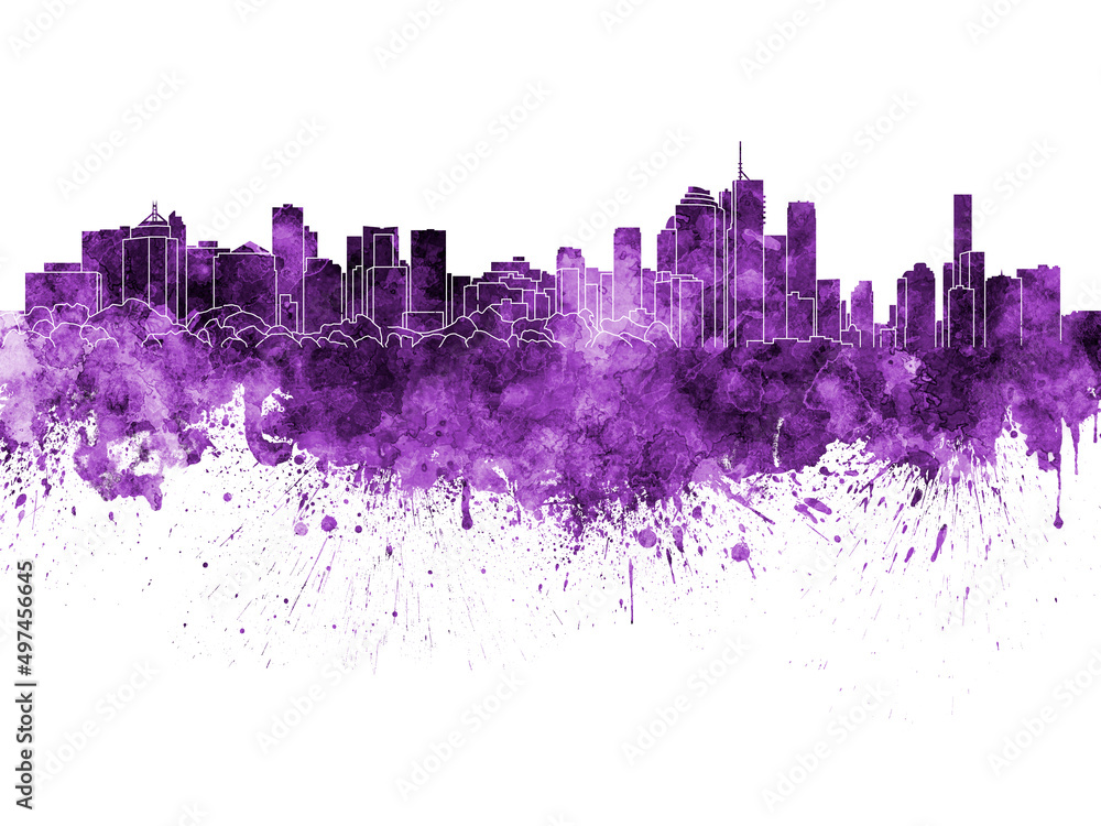 Brisbane skyline in purple watercolor on white background Brisbane skyline in purple watercolor on white background