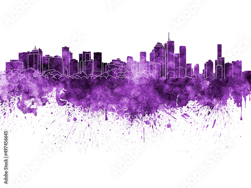 Brisbane skyline in purple watercolor on white background