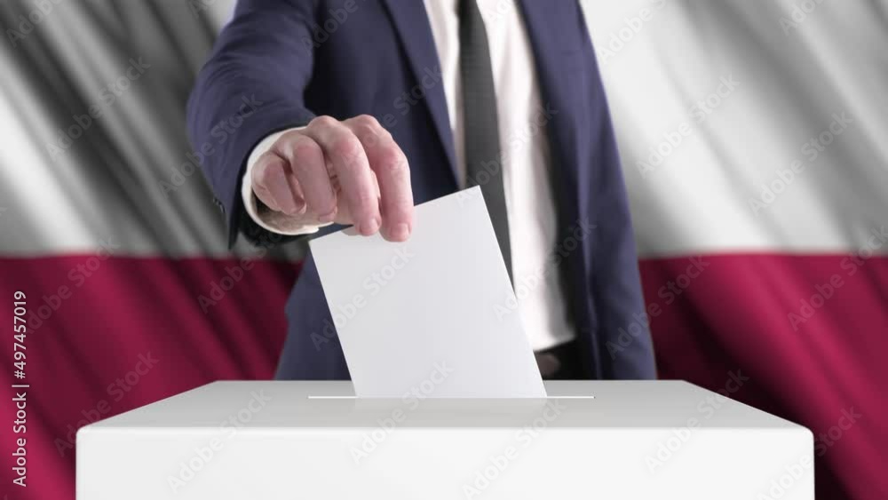 Voting. Man Putting a Ballot into a Voting Box with Poland Flag on Background. Voting. Man Putting a Ballot into a Voting Box with Poland Flag on Background.