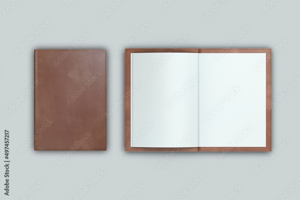 Brown Leather restaurant menu mockup isolated on background. 3d rendering. top and side view. - obrazy, fototapety, plakaty 