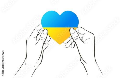 Vector hand concept. Gesture, sign of help and hope logo. Two hands holding blue yellow heart. Support ukrainian refugees. Helping Ukraine.